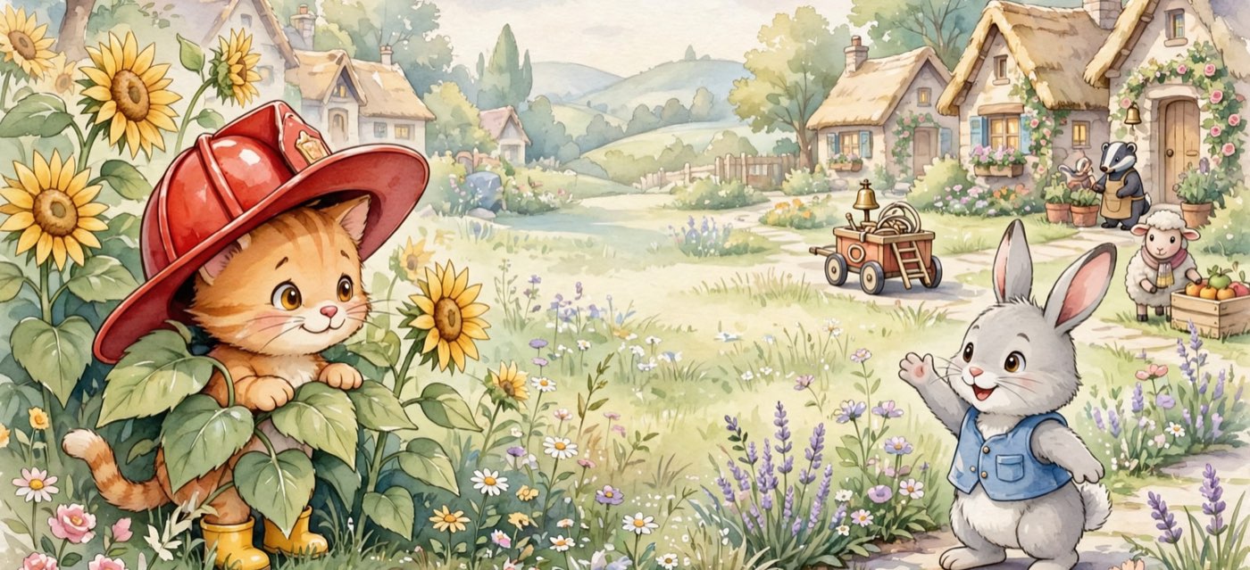 A watercolour picture across two pages. A shy orange kitten in a red helmet peeks out from the sunflowers while a grey rabbit waves from the garden path.